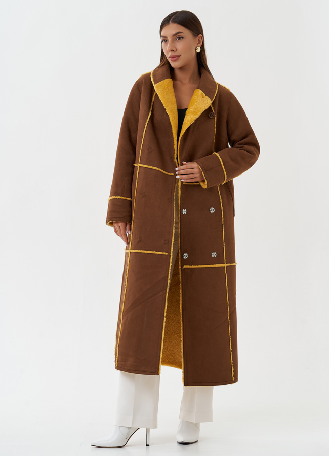 Двухсторонняя эко дубленка с мехом енота модель № 28561 универмаг малина