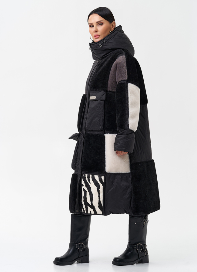 Комбинированный женский пуховик с капюшоном модель № 28373 в рассрочку