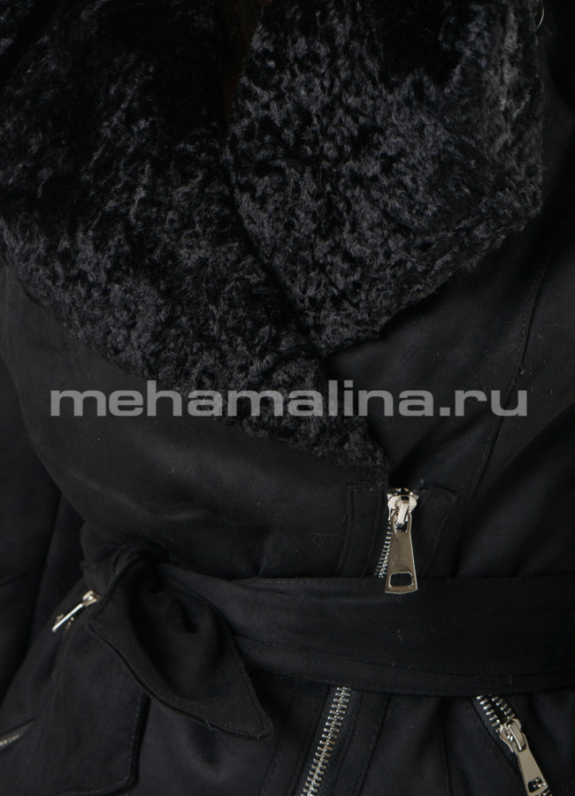 Дубленка эко черного цвета на молнии с капюшоном модель № 9196 в рассрочку