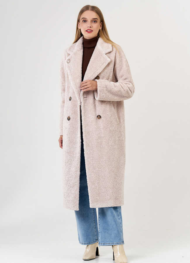 Пальто из эко меха в бежевом цвете модель № 21379 меха малина