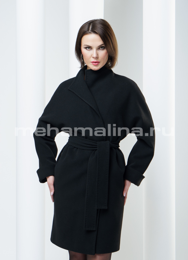 Пальто женское на поясе, цвет черный модель № BP-16 меха малина
