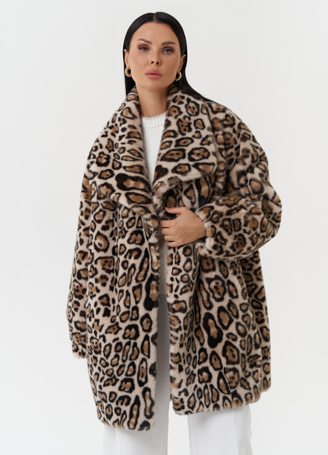 Пальто из эко меха с анималистичным принтом модель № 28555 универмаг малина
