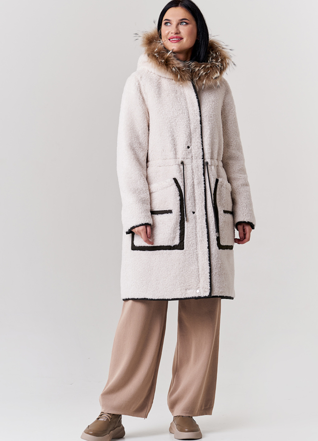 Двусторонняя парка с капюшоном зеленого цвета с енотом модель № 21133 универмаг малина