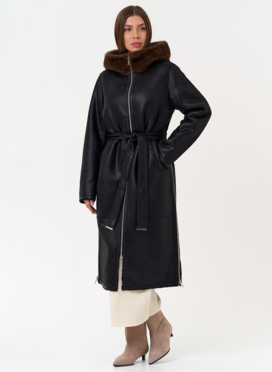 Женская дубленка из эко замши с поясом Женская дубленка из эко замши с поясом