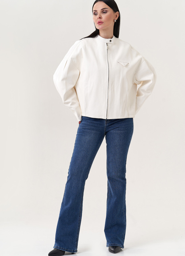 фото Куртка из натуральной кожи белого цвета модель № 26894