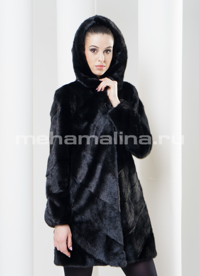 Черная норковая шуба с капюшоном модель № S-342 меха малина
