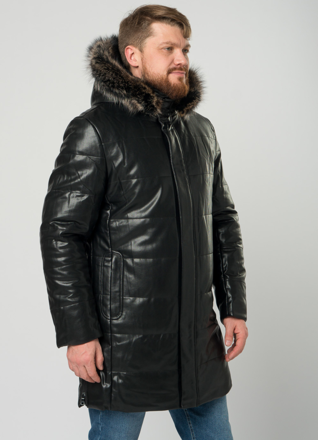 Мужской пуховик из эко кожи черного цвета с капюшоном модель № 21968 универмаг малина