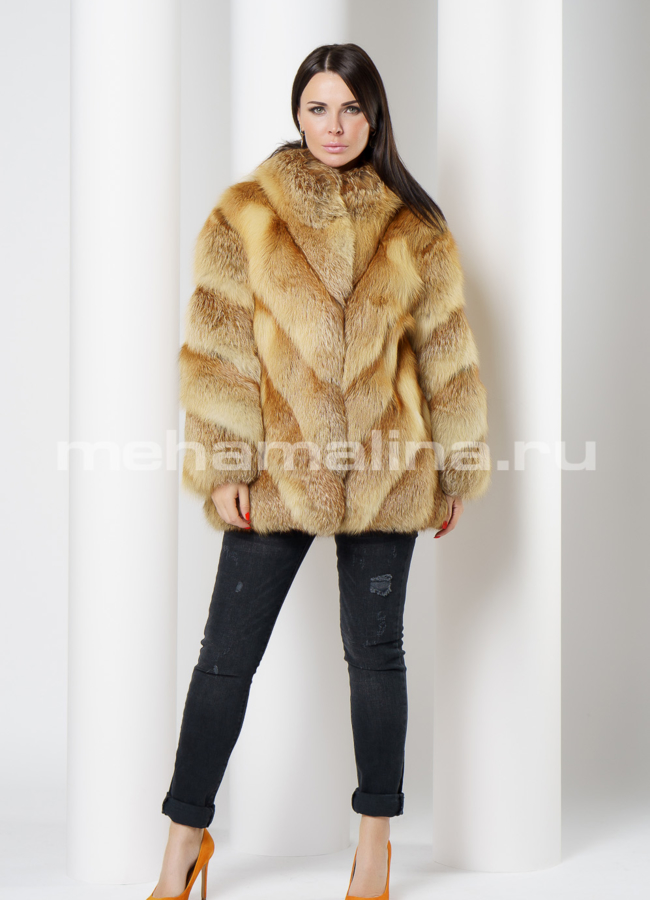 Шуба из лисы с воротником стойка  модель № S-736 универмаг малина
