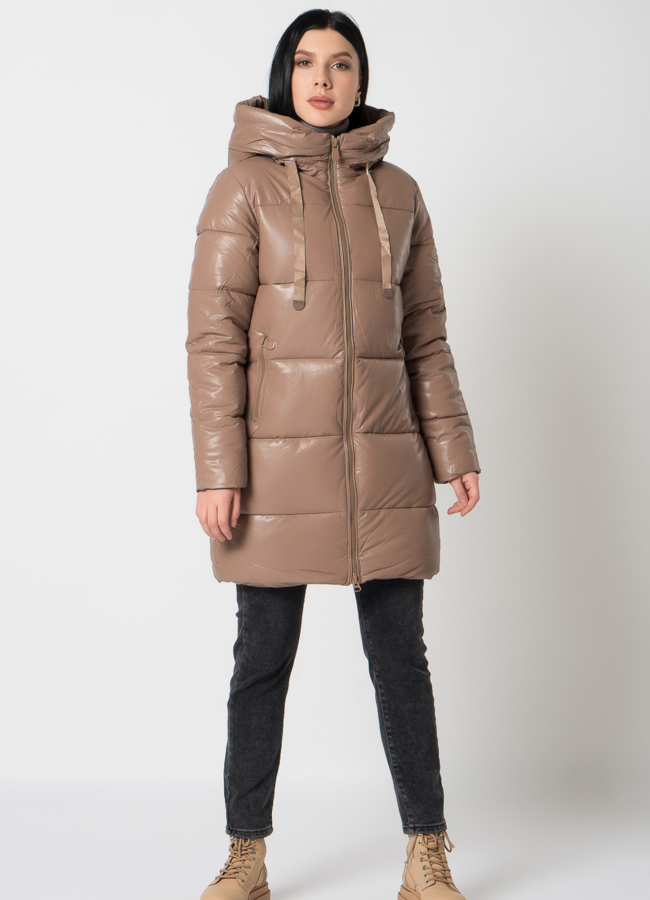 фото Пуховик из эко кожи с капюшоном модель № 2123