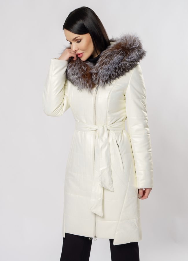 Пуховик из эко кожи на молнии с капюшоном модель № 6127 универмаг малина