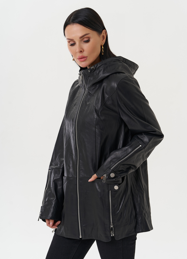 Удлиненная куртка из натуральной кожи с капюшоном модель № 28031 в кредит Удлиненная куртка из натуральной кожи с капюшоном модель № 28031 в кредит