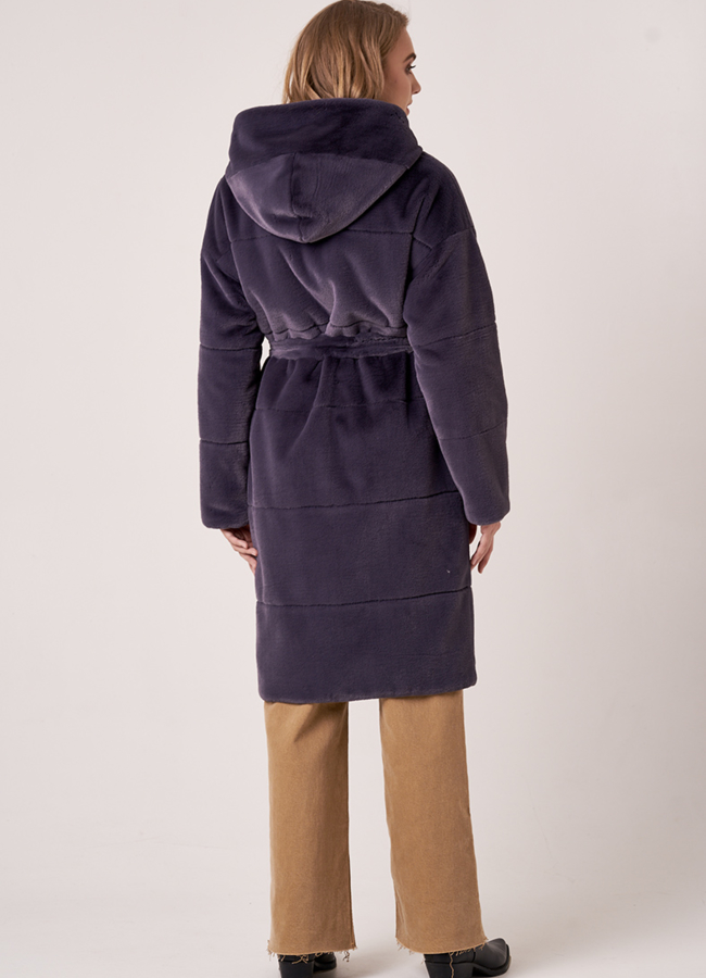 Эко шуба синего цвета с капюшоном модель № 19075 в кредит