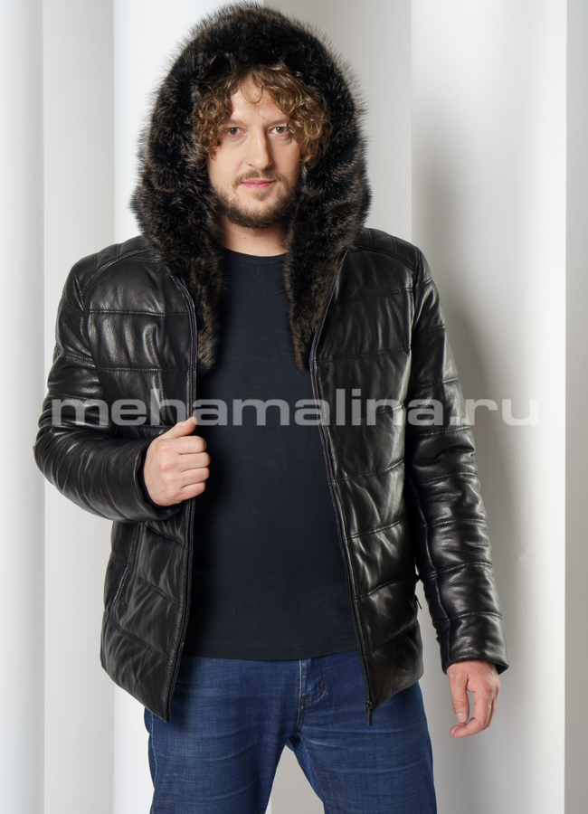 Кожаный пуховик черного цвета с капюшоном модель № KP-232 меха малина