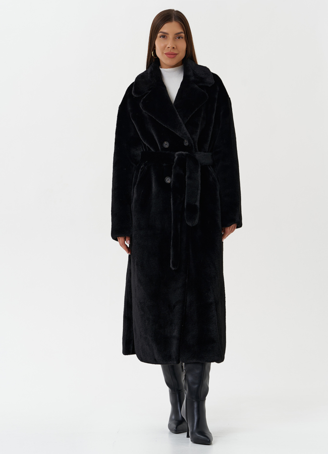 Двубортное пальто из эко меха модель № 27722 меха малина