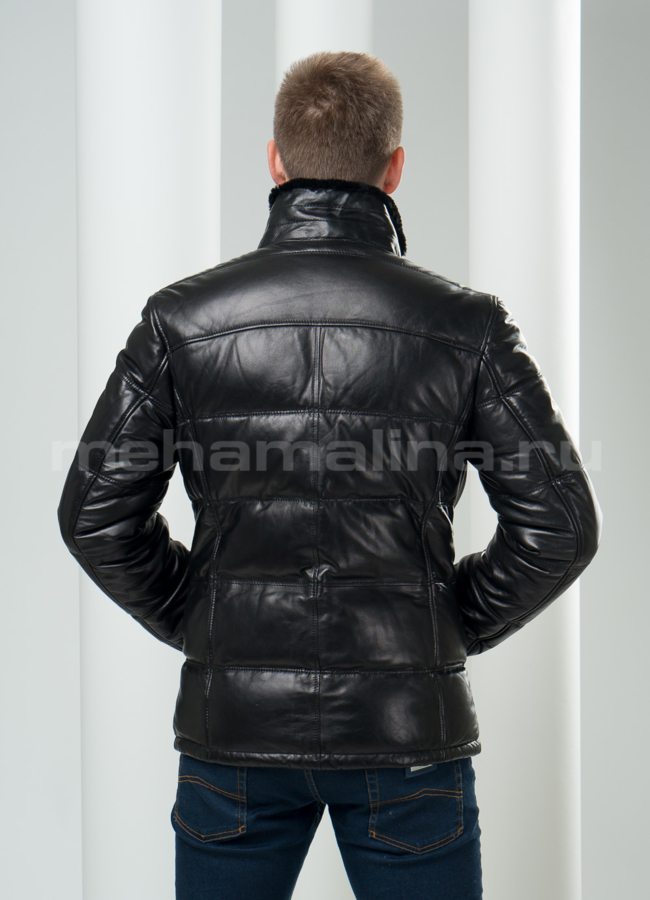 Кожаный пуховик стойка с мехом модель № ПМ-47 в кредит