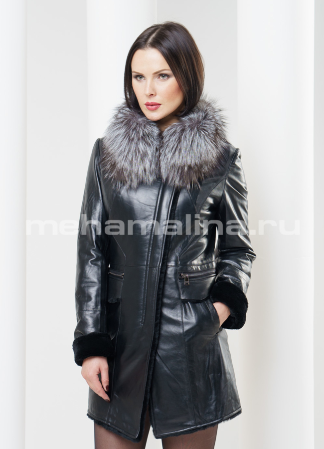 Кожаный френч на овчине, воротник чернобурка модель № K-261 в кредит