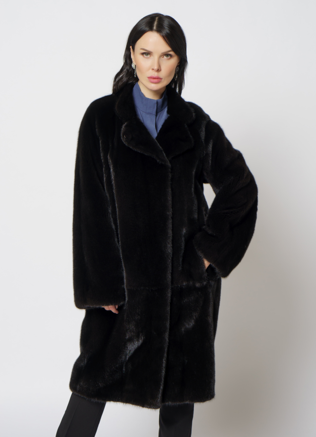 Шуба из скандинавской норки в цвете черный вельвет модель № S-708 меха малина