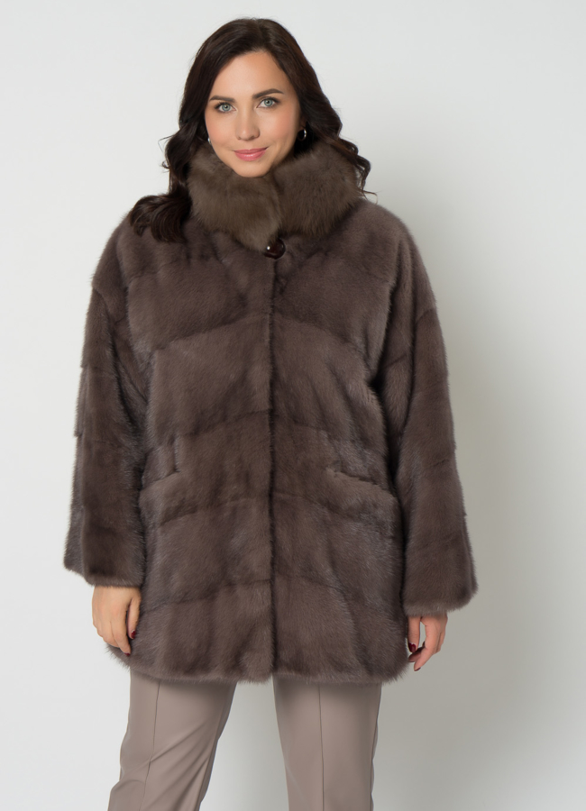 Норковая шуба с воротником стойкой с отделкой из куницы модель № 21602 меха малина