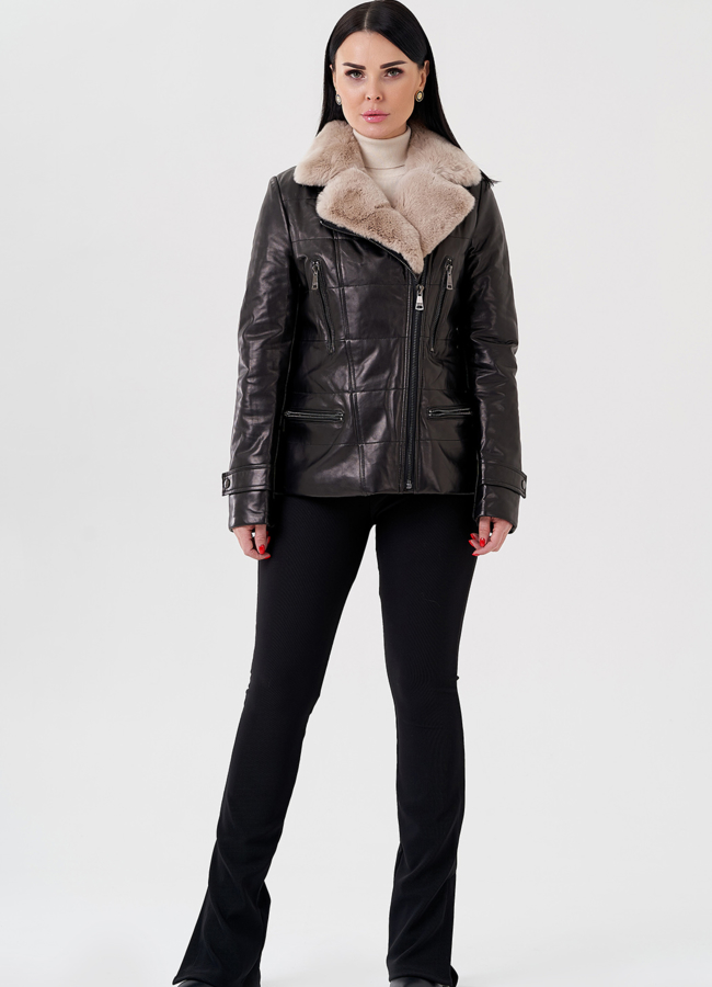 Женская куртка из натуральной кожи с английским воротником  модель № 24085 меха малина