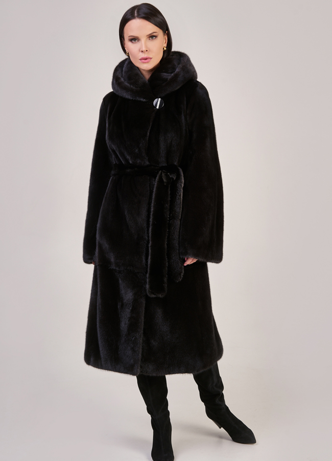 Шуба из норки nafa черного цвета, прямого силуэта на поясе модель № S-843 в кредит