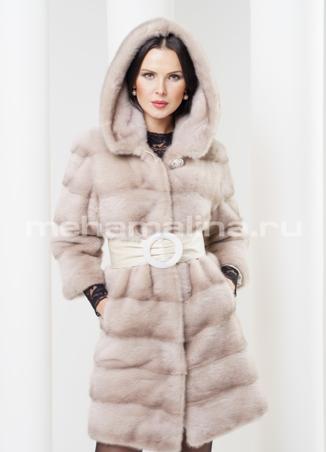 Шуба норка, поперечка с капюшоном.  модель № S-327 меха малина