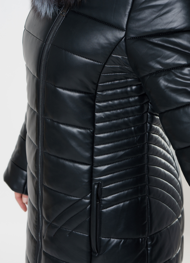 Удлиненный пуховик из эко кожи с чернобуркой модель № 8906 универмаг малина