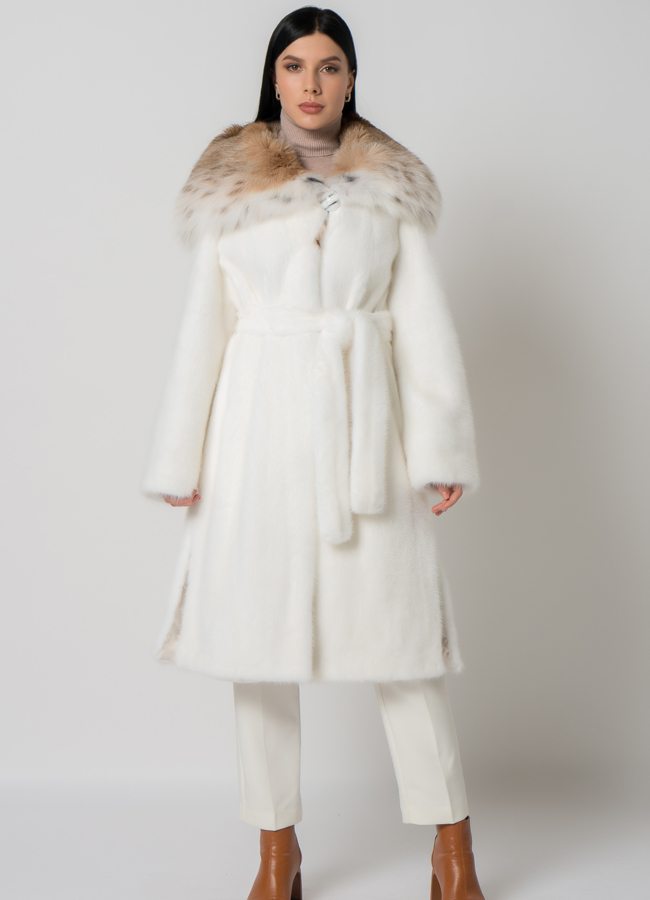 фото Белая норковая шуба с рысью модель № 1402