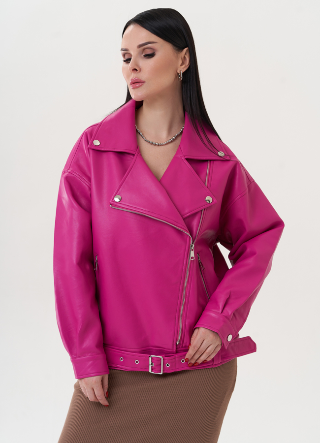 Куртка розового цвета из эко кожи модель № 26788 меха малина