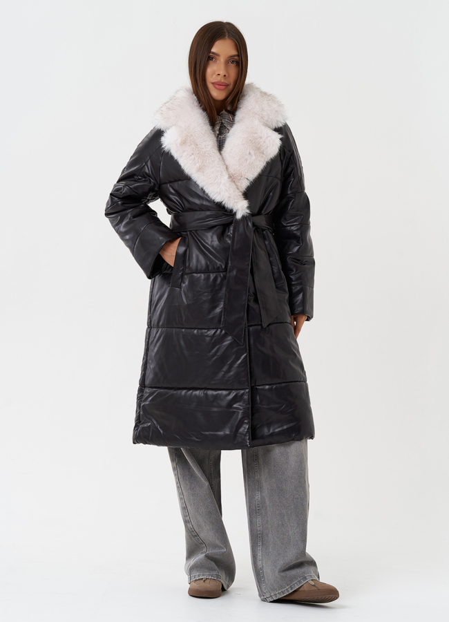 Пуховик из эко кожи с английским воротником модель № 23364 меха малина