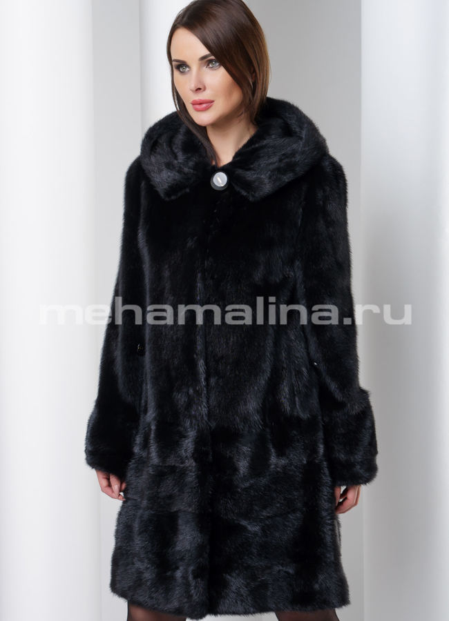 Норковая шуба черного цвета с капюшоном модель № S-544 универмаг малина