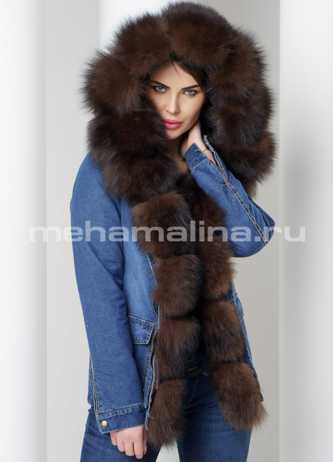 Джинсовая парка модель № П-217 меха малина