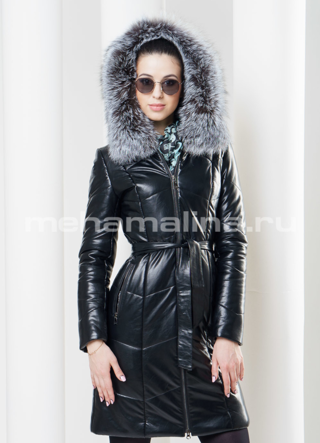 Черный пуховик из экокожи  модель № П-48 в кредит