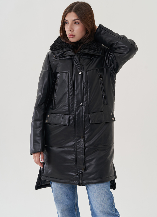 Пуховик из эко кожи с отделкой воротника модель № 25344 в кредит