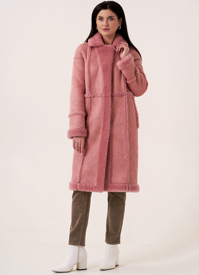 Двустороннее пальто из эко меха розового цвета модель № 18436 меха малина