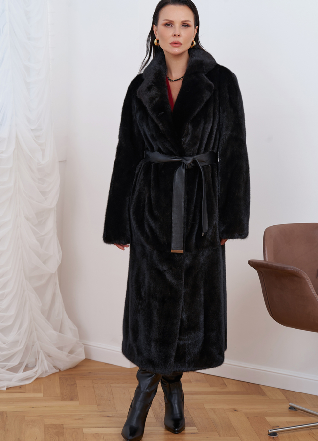 Женская норковая шуба с поясом модель № 27542 в кредит