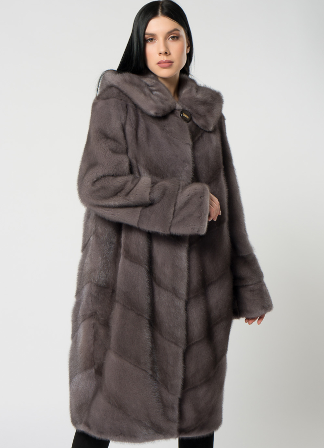 Светлая длинная шуба из норки модель № 1505 меха малина