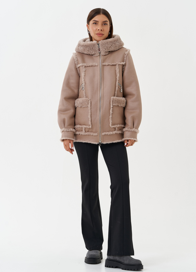 Двухсторонняя эко дубленка с капюшоном модель № 28649 в кредит