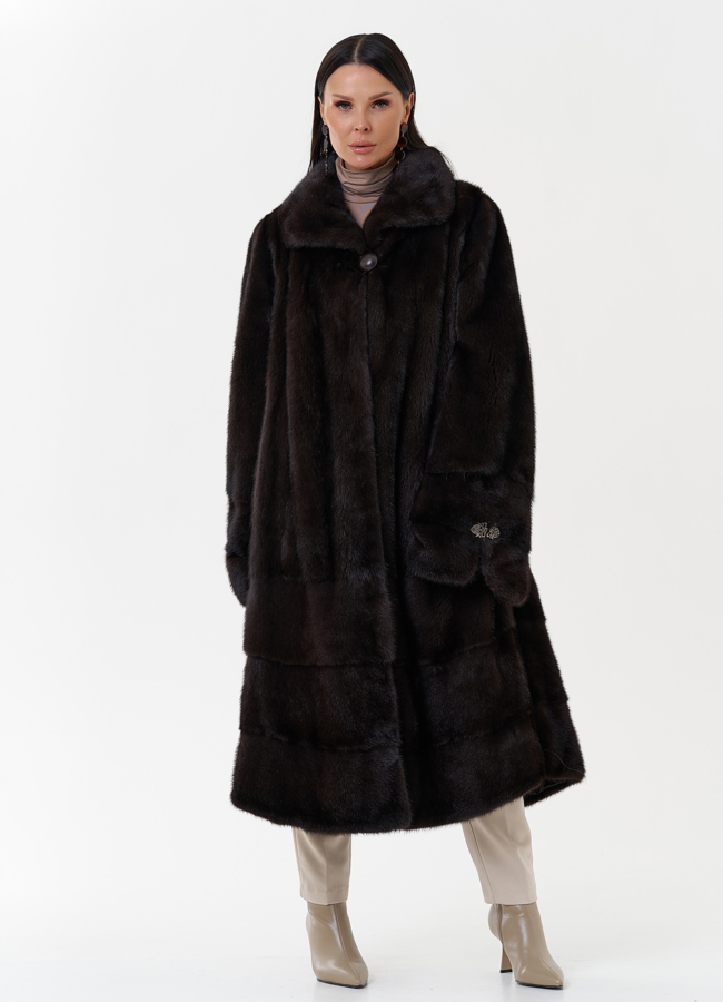 Длинная шуба из скандинавской норки с воротником апаш модель № 27598 меха малина
