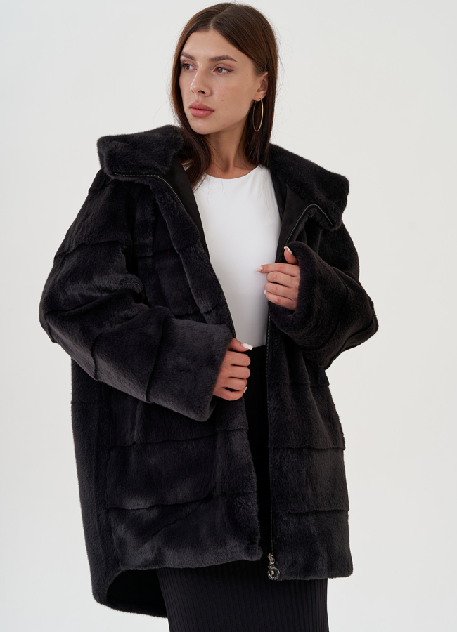 Полупальто из экомеха с капюшоном модель № 81537 универмаг малина