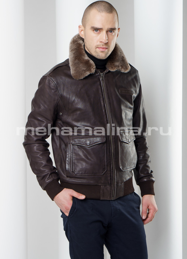 Кожаная куртка на резинке модель № KP-219 меха малина