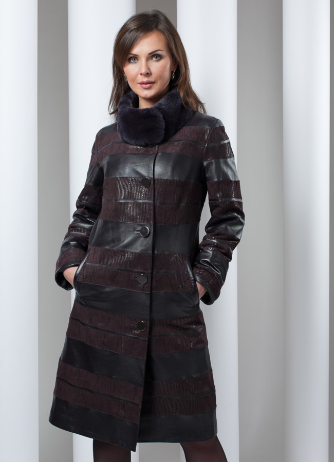 фото Кожаный плащ в поперечной раскладке кожа/замша модель № K-76