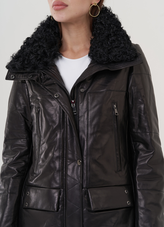 Кожаный пуховик с воротником на молнии и кнопках  модель № 19919 универмаг малина