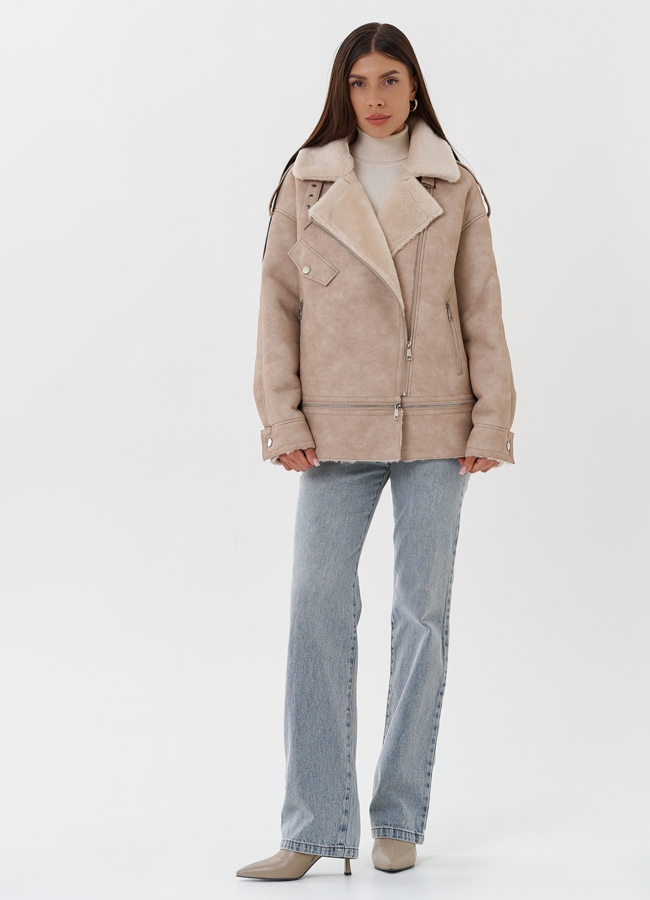 Женская дубленка из эко кожи с английским воротником модель № 27752 в кредит