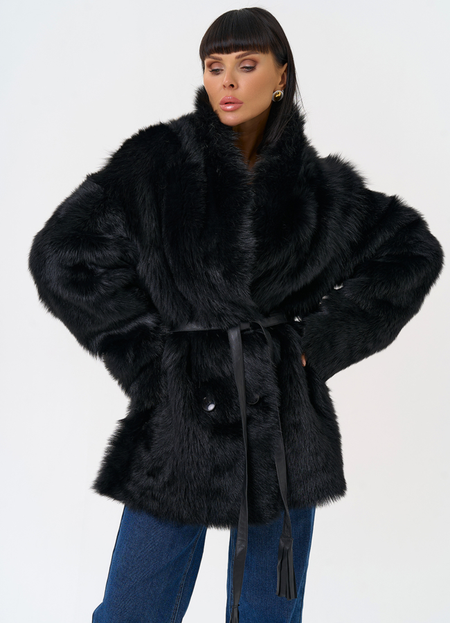 Двухсторонняя дубленка черного цвета с декоративным поясом модель № 31618 меха малина Двухсторонняя дубленка черного цвета с декоративным поясом модель № 31618 меха малина