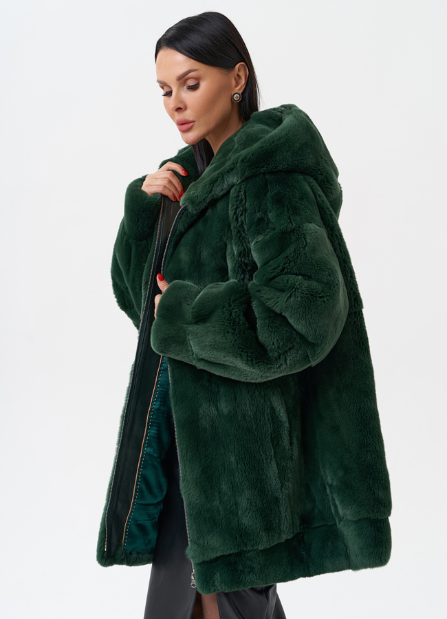 Шуба из меха кролика с капюшоном модель № 28149 универмаг малина