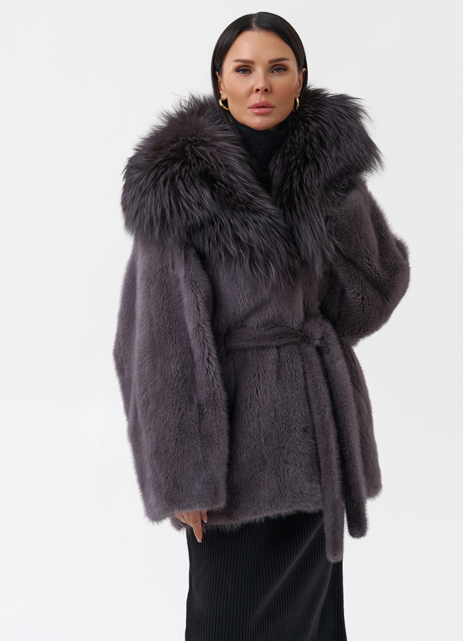 Шуба -кимоно из норки с поясом модель № 26040 универмаг малина