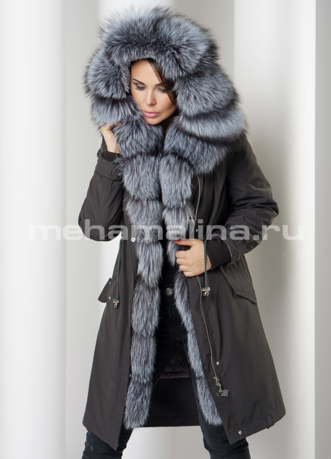 фото Парка на молнии с капюшоном отделка чернобурка модель № 17008