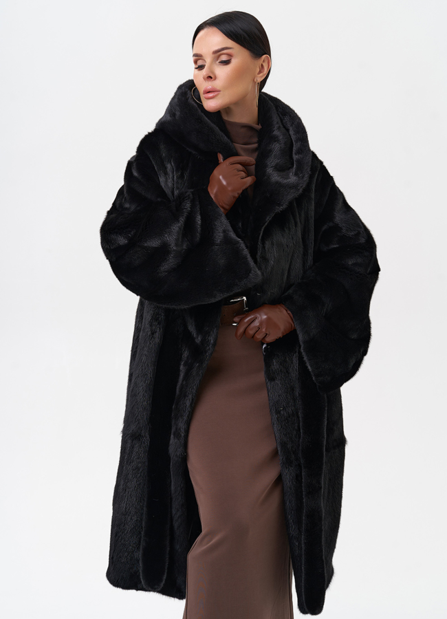 фото Норковая шуба с капюшоном  модель № 29391