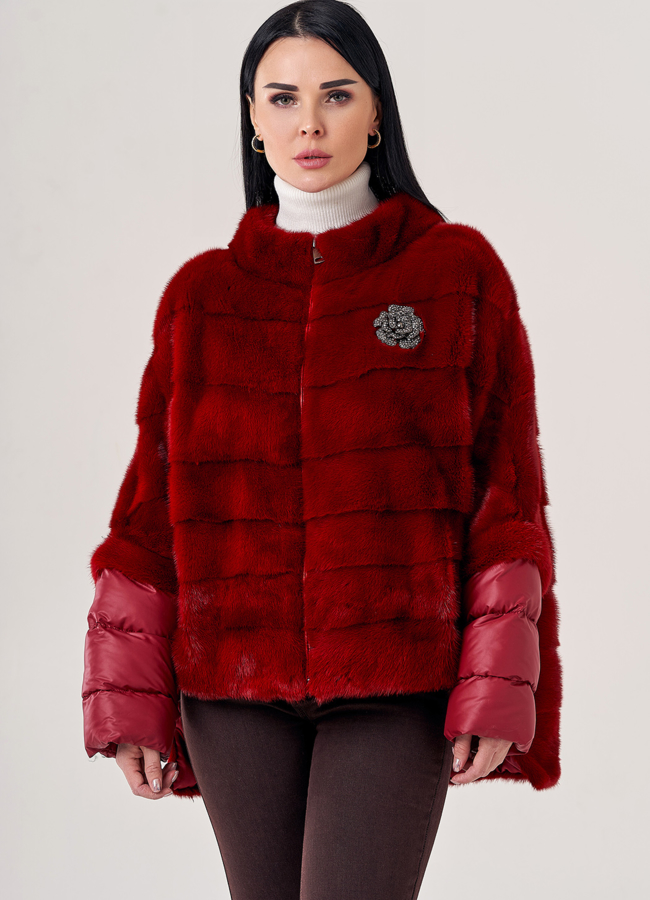 Короткая шуба из норки на молнии  модель № 23711 меха малина