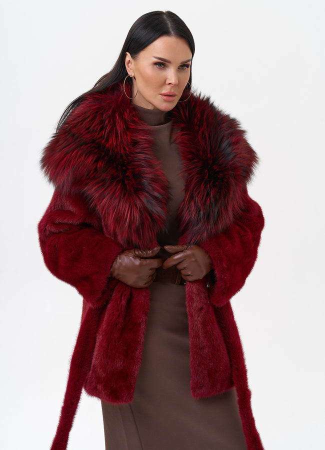 Бордовая шуба из норки модель № 29261 универмаг малина